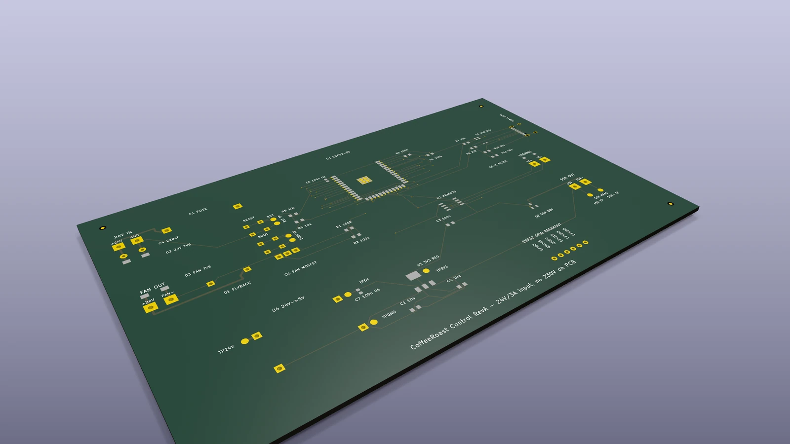 CoffeeRoast controller PCB with ESP32, sensor, fan, and heater interfaces